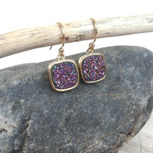 14K gold/sterling Purple Druzy Square Earrings